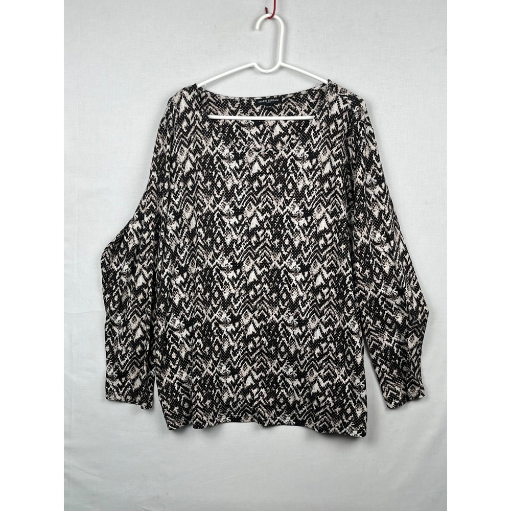 Mario Serrani Italy Blouse Womens XXL Geometric Chevron Print Long Sleeve Black